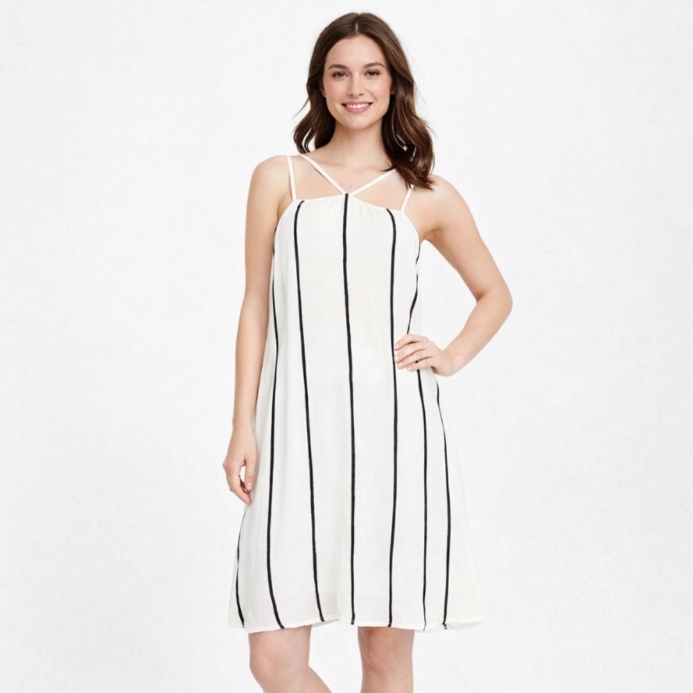 Stone Row White Black Striped Boho Coastal Halter Neck Strappy Dress Size 10